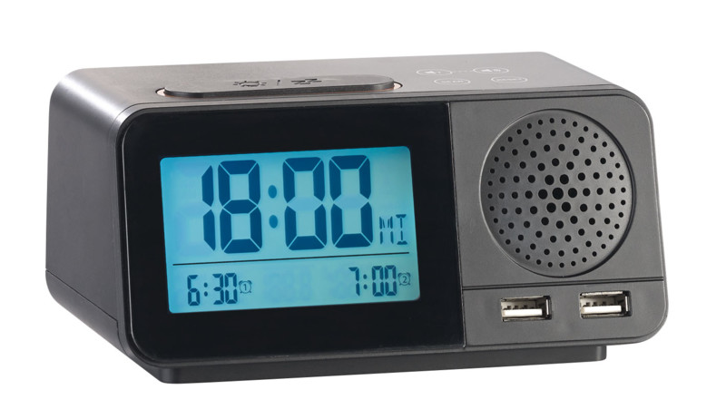 Réveil radio-piloté noir à affichage digital avec projection de l'heure