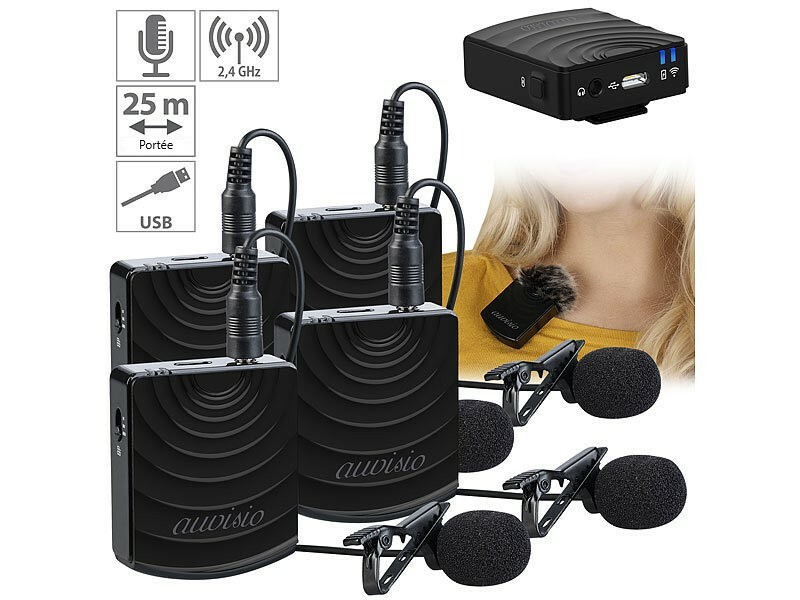 4 microphones sans fil 2,4 GHz avec récepteur jack 3,5 mm