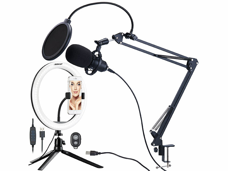 Microphone à condensateur professionnel avec filtre anti-pop et anneau LED